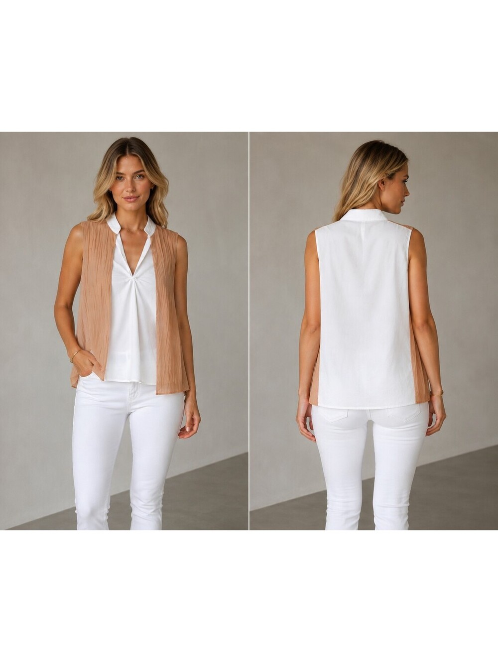 Elizabeth and James Sleeveless Drape Scarf Top White Tan Size Small